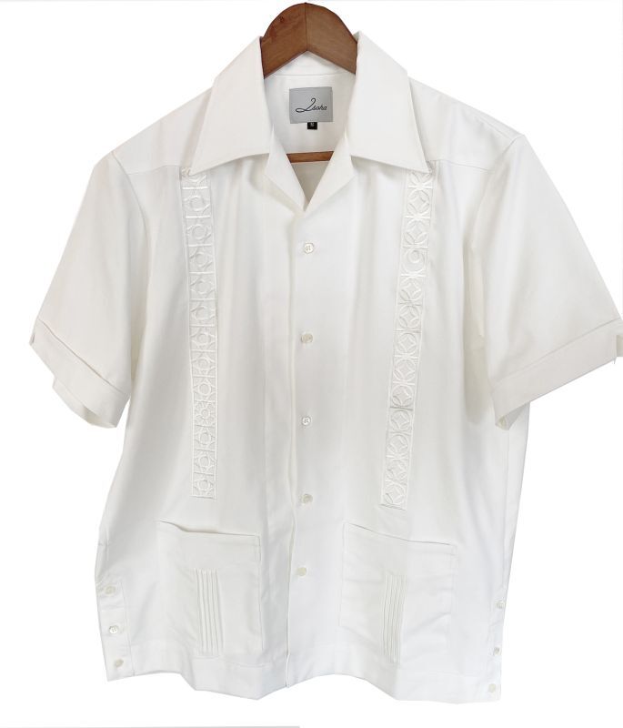 画像1: isoha / 花ブロック　キューバシャツ / ポケット付き / white